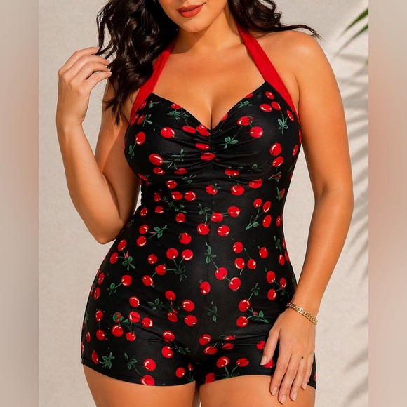 Other - Cherry Print Pin Up Swimdress One Piece Retro Halter XXXL